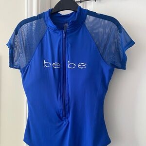 NWT bebe Cobalt Blue Bodysuit Front Zip with Rhinestones, Size M